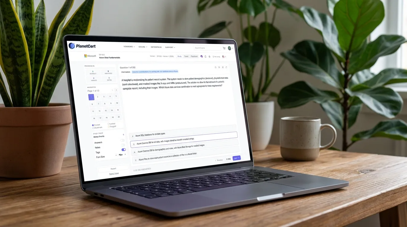 PlanetCert exam simulator showing Azure DP-900 practice questions on a laptop