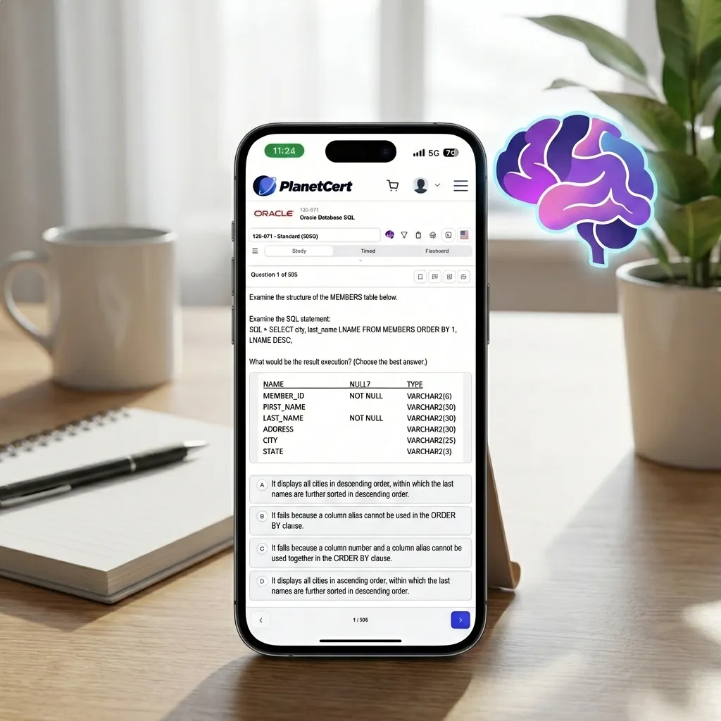 PlanetCert exam simulator on a mobile phone with Brainy AI study coach