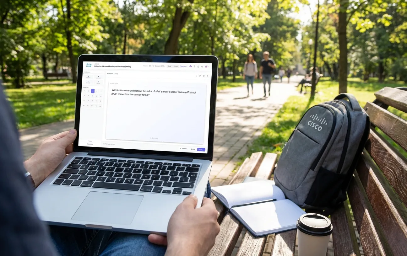 Student practicing Cisco certification exam on PlanetCert simulator outdoors