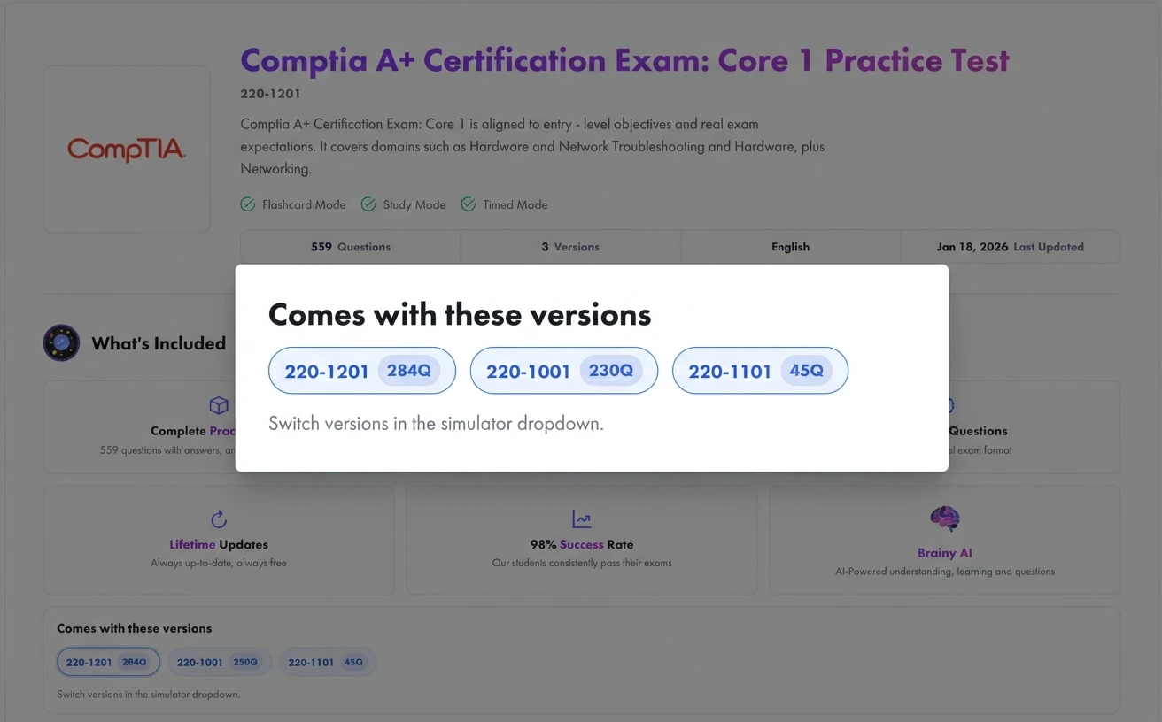 PlanetCert exam page showing multiple exam versions included with question counts